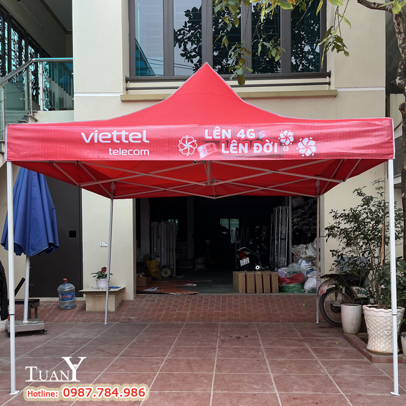 Nhà bạt 3mx3m màu đỏ, quảng cáo mạng 4G của Viettel
